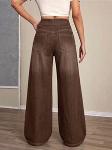 Tween Girl Fashion Elastic Waist Loose Straight Leg Denim Jeans - Brown - View 2
