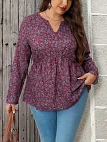 EMERY ROSE Plus Size Women's Floral Print Pleated Casual Versatile Daily Wear Blouse Fall - Burgundy - View 3