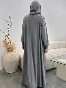 Lacomfia Casual Minimalist Grey Floral Contrast White Trim Hooded Drop Shoulder Long Sleeve Loose Regular Fit Plus Size Sweatshirt For Spring And Autumn - Grey - View 2