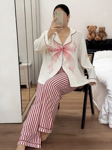 Napfluff CURVE Napfluff CURVE Plus Size Plus Size Bow Print Lapel Long Sleeve Pajama Set - Multicolor - View 1
