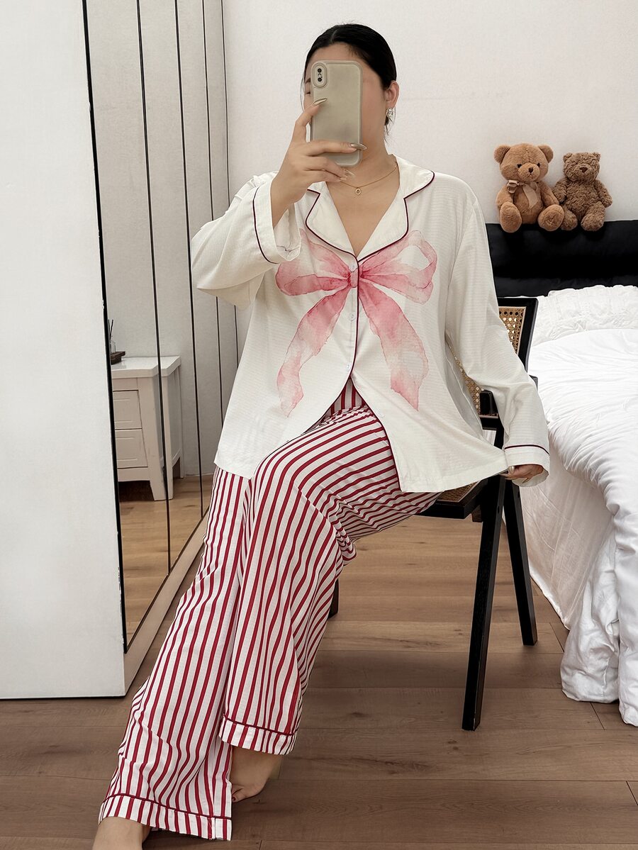 Napfluff CURVE Napfluff CURVE Plus Size Plus Size Bow Print Lapel Long Sleeve Pajama Set - Multicolor - View 1