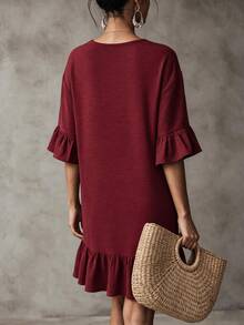 INAWLY Women's Solid Color Pleated Casual Daily Summer Short Dress - Burgundy - View 2