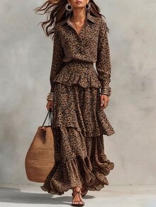 SHEIN Women's Leopard Print Lapel Button Long Sleeve Shirt + Layered Ruffle Skirt 2pcs Set - Multicolor - View 5