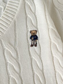 SHEIN 青少年女孩/小女孩秋冬休閒街頭時尚學院風厚款米色針織提花熊刺繡V領套頭毛衣，適合返校與日常穿著 - 米色 - 查看 6