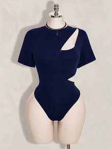 SHEIN ICON Women's Plus Size Y2K Black Autumn Night Out Club Rave Retro Hollow-Out Deconstructed 2 In 1 Slim Fit T-Shirt Bodysuit Urban Streetwear - Navy Blue - View 3