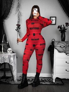 Whyspr BATMAN X SHEIN Plus Size Women's Letter Print Long Sleeve Casual Jumpsuit - Multicolor - View 3