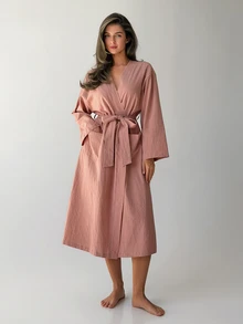 Livesso Women's Solid Color Waist Tie Casual Daily Home Sleepwear - Pink - View 10