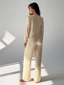 DAZY Women's Solid Color Long Sleeve Single-Breasted Top And Pants Pajama Set - Apricot - View 2