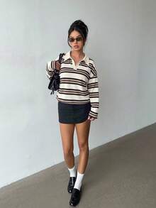 Aloruh 女款秋冬條紋 Polo 衫，復古 Y2K 風格休閒上衣，春季長袖秋季上衣 - 杏色 - 查看 5