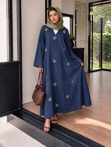 Solavon New Floral Embroidered Metal Buckle Women's Collared Long Sleeve Dress - Gray Blue - View 2