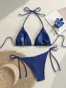Swim Mod 2件組女款夏季海灘蕾絲波點印花掛脖綁帶性感比基尼泳衣套裝，隨機印花 - 藏蓝色 - 查看 2