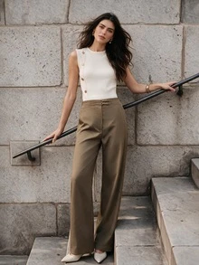 Anewsta Women's High Waist Straight Leg Suit Pants With Decorative Belt - Olive Green - View 3