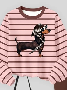 (1 Set) Tween Girls Autumn/Winter Fashion Leopard Print Headband, Puppy Pink & Brown Striped Crew Neck Sweatshirt With Leggings - Multicolor - View 6