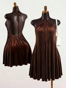SaltGleam SaltGleam Women's Elegant Velvet Halter Neck Dress - Brown - View 2