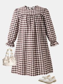 SHEIN Tween Girl Plaid Pleated Kids Casual Daily Summer Dress - Coffee Brown - View 1