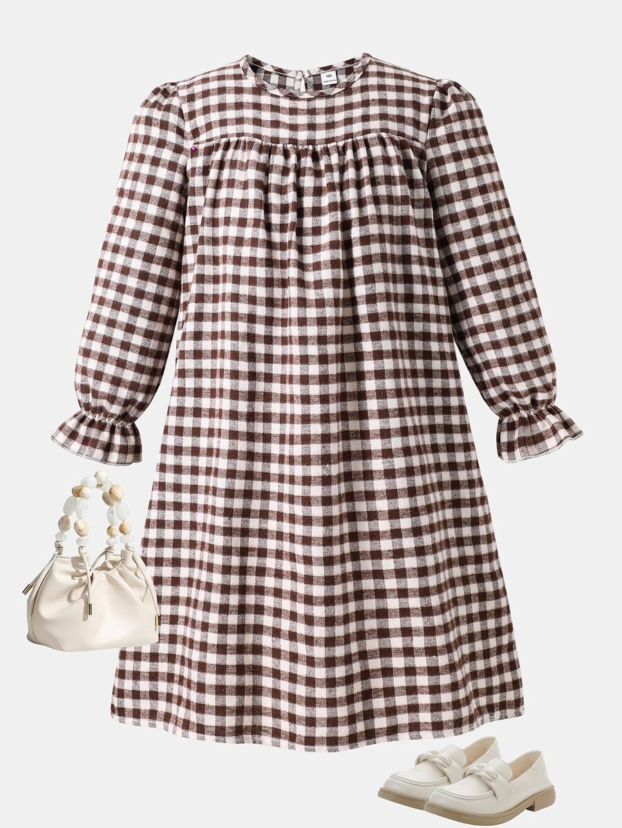 SHEIN Tween Girl Plaid Pleated Kids Casual Daily Summer Dress - Coffee Brown - View 1