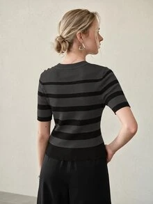 MOTF PREMIUM CONTRAST STRIPED PATTERN GOLD BUTTON DETAIL SLIM FIT KNIT TOP - Grey - View 3