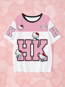 HELLO KITTY AND FRIENDS | SHEIN تي شيرت بأكمام قصيرة مطبوع بنمط كرتوني لطيف للفتيات المراهقات - أبيض - مشاهدة 1