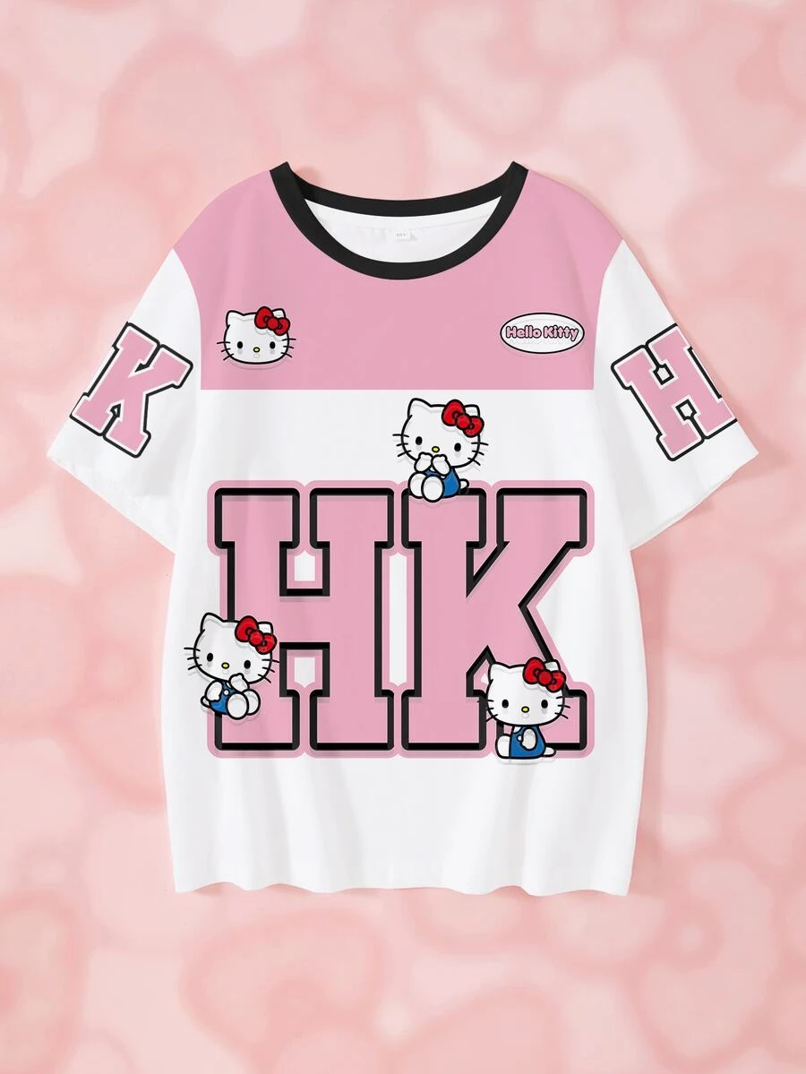HELLO KITTY AND FRIENDS | SHEIN تي شيرت بأكمام قصيرة مطبوع بنمط كرتوني لطيف للفتيات المراهقات - أبيض - مشاهدة 1