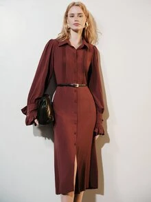 Aveloria Modichic Dress A-Line Textured Woven Organ Pleated Button Ruffle Cuff Belted Slit Elegant Burgundy Solid Shirt Dress Maxi Vintage Commuter Christmas - Rust Brown - View 7