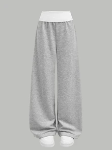 SHEIN Tween Girls Sweatpants, Comfortable Kids Colorblock Pleated Casual Wide Leg Sports Pants, Versatile For Daily Wear, Autumn/Winter - Grey - View 5