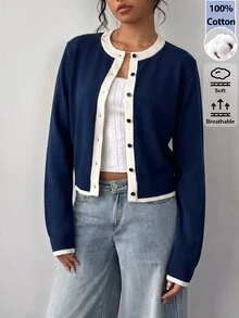 SHEIN BASICS Women's Colorblock Casual Versatile Daily Wear Cardigan - Navy Blue - View 3