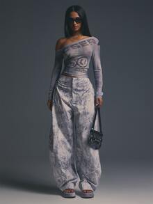 MUSERA Áo trễ vai tay dài lưới họa tiết camo phong cách coolgirl, gợi cảm, cho mùa thu đông, tiệc Halloween, đi chơi, concert, rave, disco, Lễ Tạ ơn - Nhiều màu - Xem 4