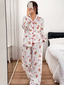 Napfluff طقم ملابس منزلية بطباعة رجل الزنجبيل المرحة وعصا الحلوى مع حواف متباينة - أبيض - مشاهدة 4