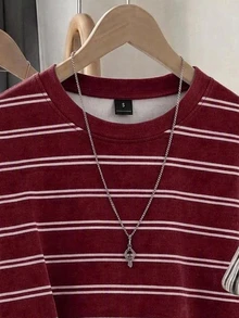 SHEIN LUNE Women's Casual Round Neck Loose Sweatshirt, Burgundy Washed Effect Striped Sweatshirt, Women's Autumn/Winter Clothing - White - View 3