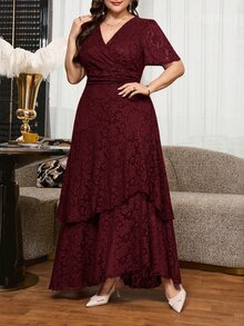 Reflora Plus Size Summer Elegant Jacquard Dress Wedding Formal Evening Dark Purple - Burgundy - View 4