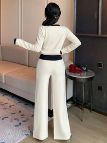Joudiya Women's 2 Pieces Set: White & Black Contrast Patchwork Waist-Cinching Knit Cardigan And Straight Leg Pants, Suitable For Autumn/Winter, Commute, Date, Wedding - White - View 4