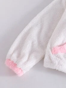 SHEIN 1件女款甜美風休閒外套，校園休閒穿搭，秋冬3D貓咪刺繡連帽寬鬆抓絨夾克 - 白色 - 查看 6