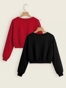 SHEIN EZwear 2件裝素色插肩袖長袖衛衣上衣，秋季日常上學穿搭，淺灰色與黑色，休閒基礎款 - 紅色 - 查看 2