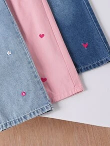 Genkimix Kids 女童牛仔寬腿褲3件套，夏季新品，可愛復古風，淺藍牛仔、粉色牛仔，多色可選，愛心刺繡圖案，鬆緊腰，寬鬆直筒褲腿，柔軟舒適優質棉牛仔面料，兒童節日常百搭T恤搭配，夏季海灘週末度假校園出遊 - 彩色 - 查看 5