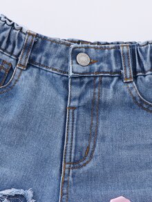 Genkimix Kids Celana Jeans Denim Bordir Aplikasi Kupu-kupu Lucu untuk Anak Perempuan, Desain Pita Busur Merah Muda, Celana Panjang Lurus Warna Biru Muda, Pakaian Gaya Manis Y2K untuk Anak-anak - Medium Wash - View 5