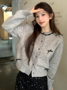 DAZY Women's Fall/ Sequin Decorated Casual French Cute Sweet Wedding Brunch Banquet Bow Contrast Patchwork Cardigan Gray - Grey - View 1