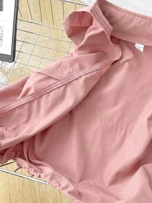 SHEIN 青少年女孩休閒粉色兒童秋季拉鍊連帽外套，長袖梭織街頭風口袋外套，附抽繩下擺，適合徒步，秋冬穿著 - 粉色 - 查看 9