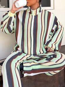 Muchica 大尺碼女款條紋拉鍊連帽外套與寬腿長褲休閒兩件套 - 彩色 - 查看 3