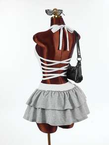 Amplova Women's White Halter Neck Tank Top + Short Cake Skirt Shorts Sports Set - White - View 10