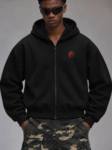 Men's Strawberry Print Zip-Up Hoodie - Black - View 5