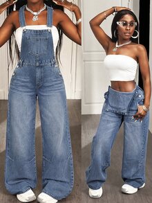 Slaydiva Women's Casual Loose Denim Overalls With Pockets - Blue - View 5