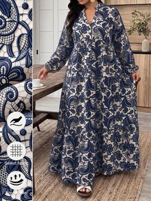 Weeklong Plus Size Olive Green Print V-Neck Button Tiered Maxi Dress, Boho Style For Vacation & Daily Wear - Multicolor - View 5