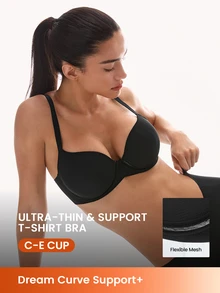 LUVLETTE Dream Curve Support + Black Smooth Full Coverage Support T-Shirt Minimizer Bra Breathable Mesh Molded Cups Flexi SizeFreedom Bra - Black - View 1