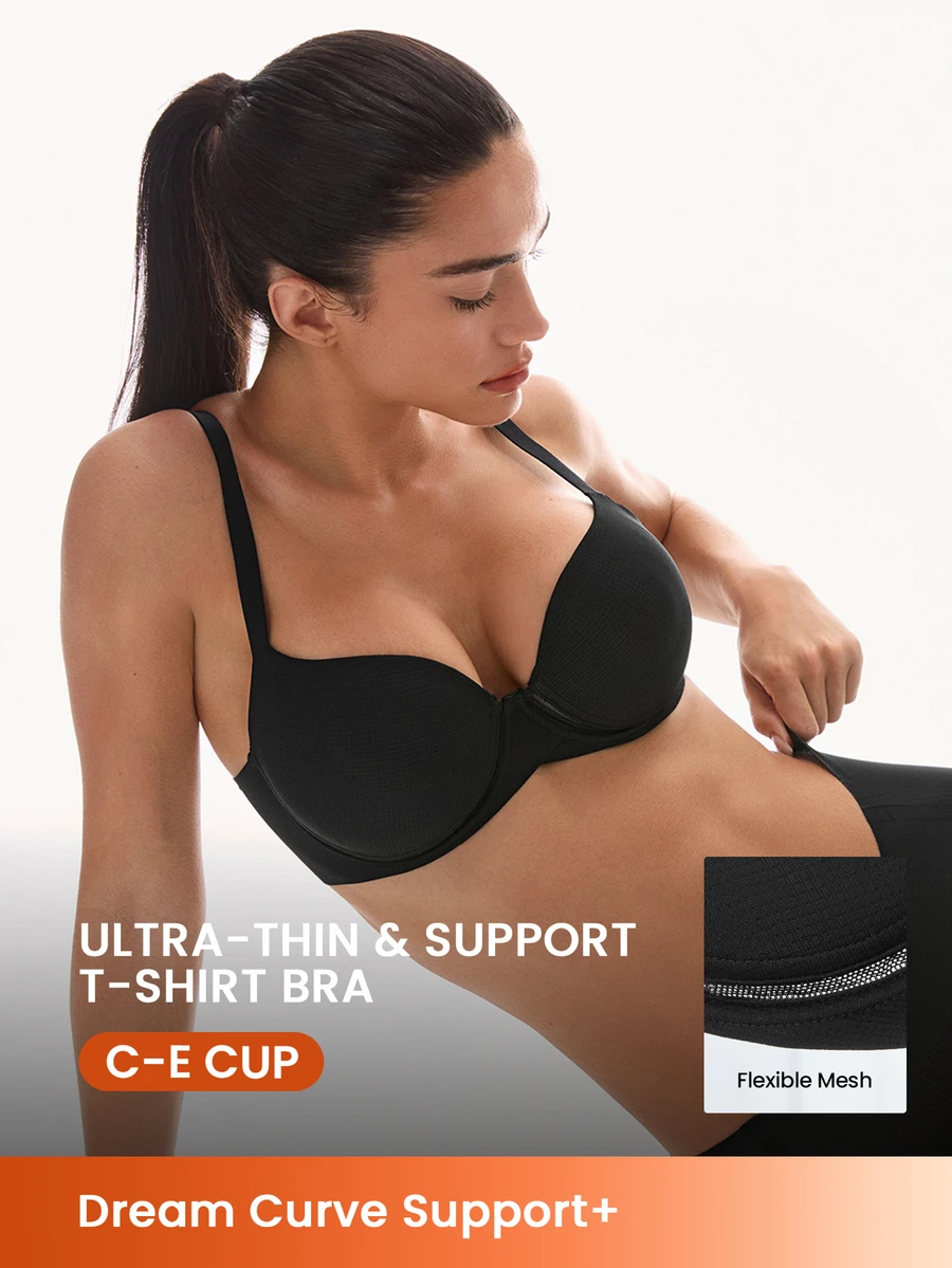 LUVLETTE Dream Curve Support + Black Smooth Full Coverage Support T-Shirt Minimizer Bra Breathable Mesh Molded Cups Flexi SizeFreedom Bra - Black - View 1