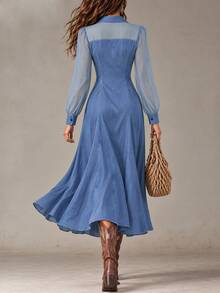 SHEIN Women's Autumn/Winter Fashion Casual Elegant Commute Mesh Patchwork Long Blue Open Front Dress - Blue - View 2