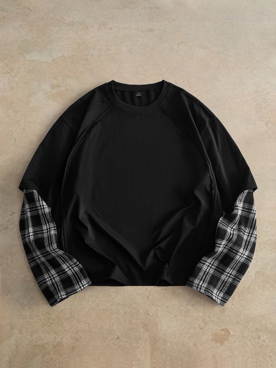 EASEVO Men's Plus Size Patchwork Plaid Cuff 2 In 1 T-Shirt - Black - View 1