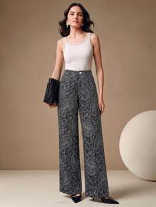 Anewsta Modern Design Digital Print Casual Gray Blue Long Pants Women Spring Autumn New High Waist Loose Slimming Versatile Straight Leg - Dusty Blue - View 5