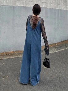 FRIFUL Women's Pocket Design Casual Streetwear Wide Leg Denim Overalls Everyday Going Out - Blue - View 5