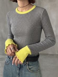 FRIFUL Women's Colorblock Casual Versatile Daily Long Sleeve T-Shirt Fall - Grey - View 3