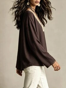 INAWLY Women's Contrast Lace V-Neck Drop Shoulder Long Sleeve Fashion Blouse - Brown - View 3